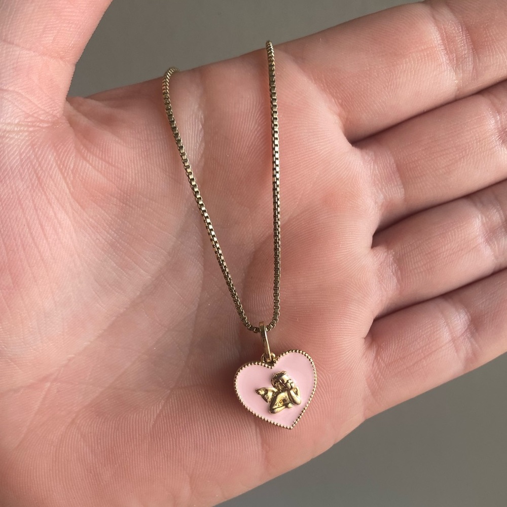 Gold chain pink heart with angel